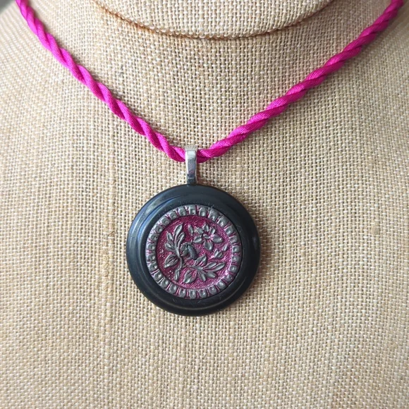 WHIMSY HOUSE I Upcycled Celluloid & Victorian Floral Metal Button Necklace - Picture 9 of 11